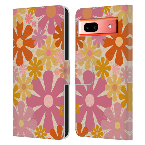 Kierkegaard Design Studio Retro Abstract Patterns Pink Orange Thulian Flowers Leather Book Wallet Case Cover For Google Pixel 7a