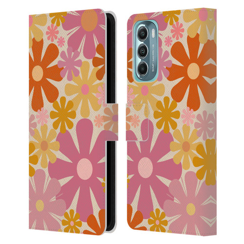 Kierkegaard Design Studio Retro Abstract Patterns Pink Orange Thulian Flowers Leather Book Wallet Case Cover For Motorola Moto G Stylus 5G (2022)