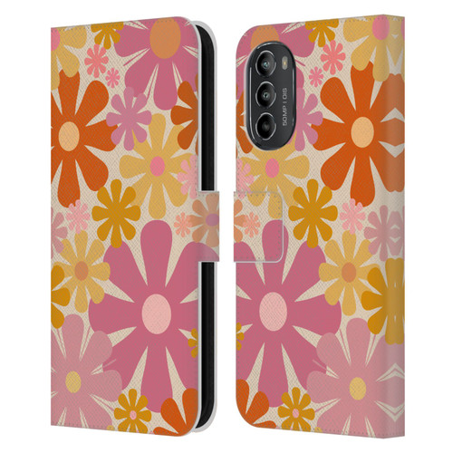 Kierkegaard Design Studio Retro Abstract Patterns Pink Orange Thulian Flowers Leather Book Wallet Case Cover For Motorola Moto G82 5G