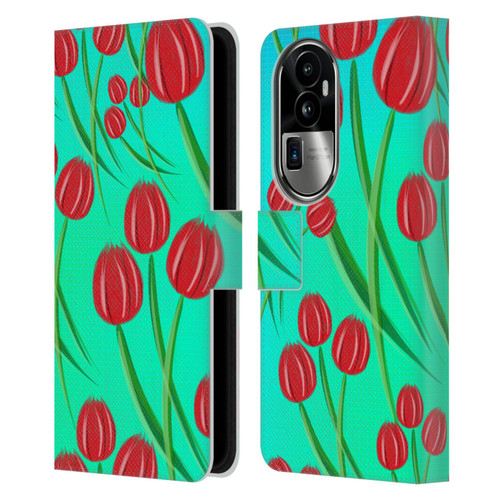 Grace Illustration Lovely Floral Red Tulips Leather Book Wallet Case Cover For OPPO Reno10 Pro+