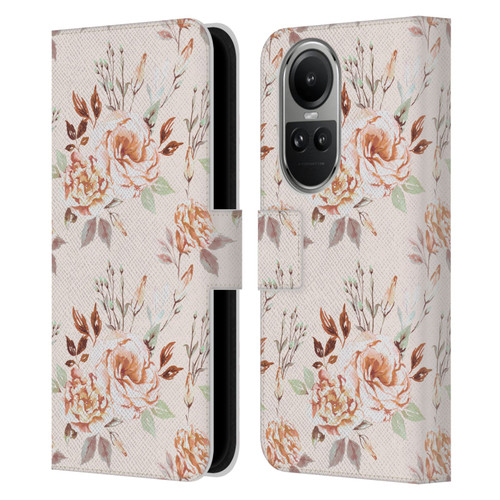 Anis Illustration Flower Pattern 3 Lisianthus Beige Leather Book Wallet Case Cover For OPPO Reno10 5G / Reno10 Pro 5G