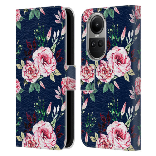 Anis Illustration Flower Pattern 3 Lisianthus Navy Pattern Leather Book Wallet Case Cover For OPPO Reno10 5G / Reno10 Pro 5G