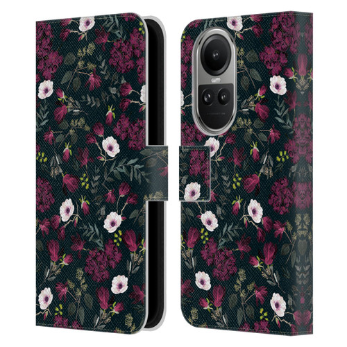 Anis Illustration Flower Pattern 4 Romantic Black Leather Book Wallet Case Cover For OPPO Reno10 5G / Reno10 Pro 5G
