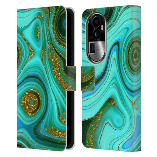 UtArt Malachite Emerald Liquid Gem Leather Book Wallet Case Cover For OPPO Reno10 Pro+