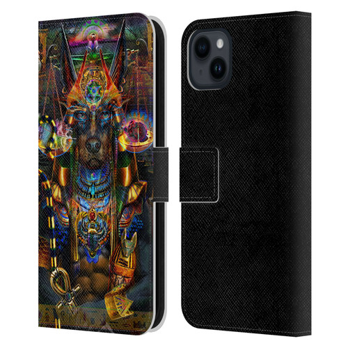 Jumbie Art Gods and Goddesses Anubis Leather Book Wallet Case Cover For Apple iPhone 15 Plus