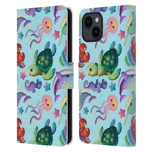 Carla Morrow Patterns Sea Life Leather Book Wallet Case Cover For Apple iPhone 15