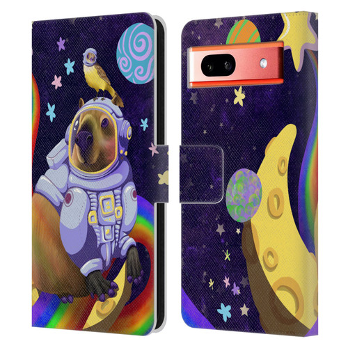 Carla Morrow Rainbow Animals Capybara Sitting On A Moon Leather Book Wallet Case Cover For Google Pixel 7a
