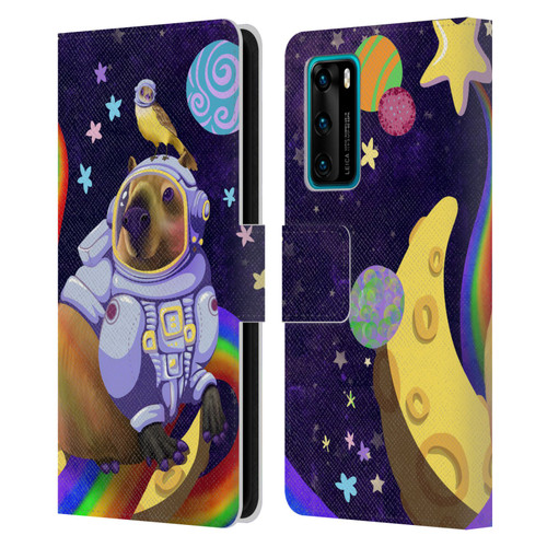 Carla Morrow Rainbow Animals Capybara Sitting On A Moon Leather Book Wallet Case Cover For Huawei P40 5G