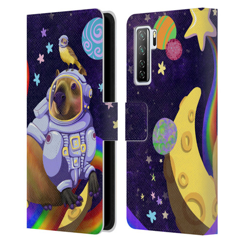 Carla Morrow Rainbow Animals Capybara Sitting On A Moon Leather Book Wallet Case Cover For Huawei Nova 7 SE/P40 Lite 5G