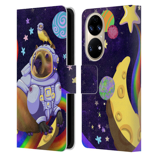 Carla Morrow Rainbow Animals Capybara Sitting On A Moon Leather Book Wallet Case Cover For Huawei P50