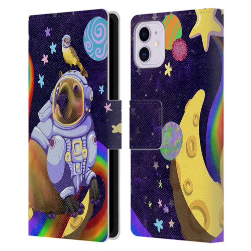 Carla Morrow Rainbow Animals Capybara Sitting On A Moon Leather Book Wallet Case Cover For Apple iPhone 11