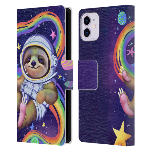 Carla Morrow Rainbow Animals Sloth Wearing A Space Suit Leather Book Wallet Case Cover For Apple iPhone 11