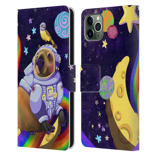 Carla Morrow Rainbow Animals Capybara Sitting On A Moon Leather Book Wallet Case Cover For Apple iPhone 11 Pro Max