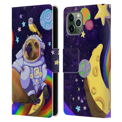 Carla Morrow Rainbow Animals Capybara Sitting On A Moon Leather Book Wallet Case Cover For Apple iPhone 11 Pro
