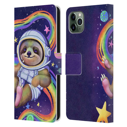 Carla Morrow Rainbow Animals Sloth Wearing A Space Suit Leather Book Wallet Case Cover For Apple iPhone 11 Pro Max