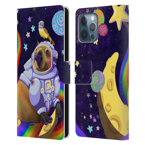 Carla Morrow Rainbow Animals Capybara Sitting On A Moon Leather Book Wallet Case Cover For Apple iPhone 12 Pro Max