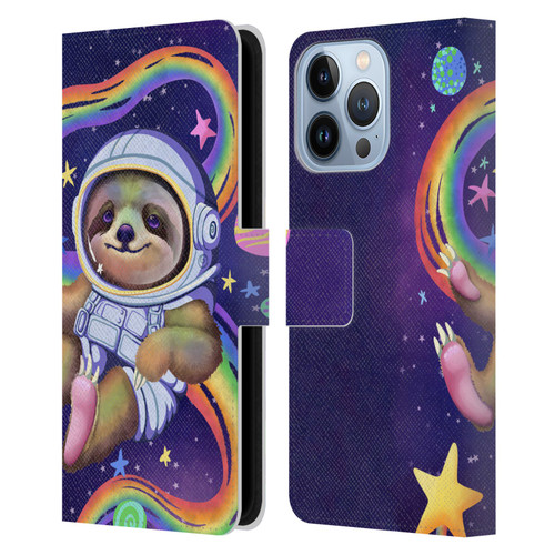 Carla Morrow Rainbow Animals Sloth Wearing A Space Suit Leather Book Wallet Case Cover For Apple iPhone 13 Pro