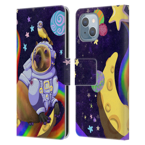 Carla Morrow Rainbow Animals Capybara Sitting On A Moon Leather Book Wallet Case Cover For Apple iPhone 14