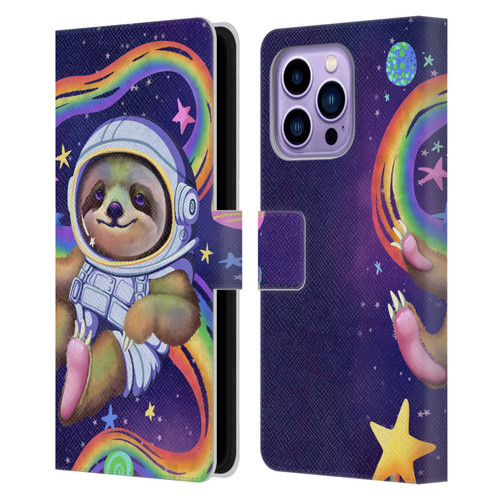 Carla Morrow Rainbow Animals Sloth Wearing A Space Suit Leather Book Wallet Case Cover For Apple iPhone 14 Pro Max