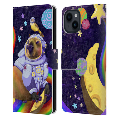 Carla Morrow Rainbow Animals Capybara Sitting On A Moon Leather Book Wallet Case Cover For Apple iPhone 15