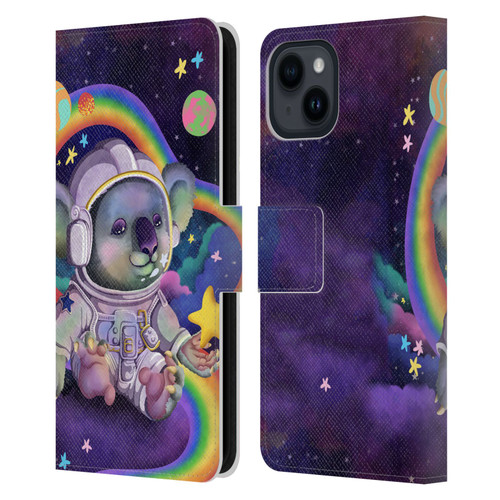 Carla Morrow Rainbow Animals Koala In Space Leather Book Wallet Case Cover For Apple iPhone 15
