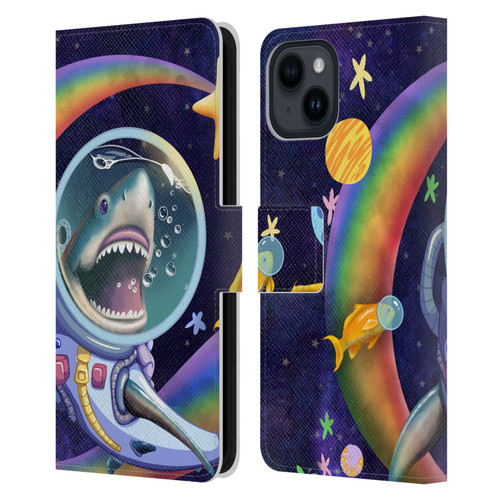 Carla Morrow Rainbow Animals Shark & Fish In Space Leather Book Wallet Case Cover For Apple iPhone 15