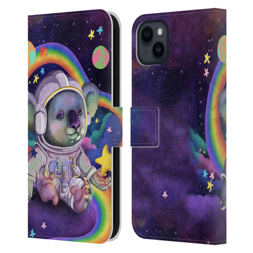 Carla Morrow Rainbow Animals Koala In Space Leather Book Wallet Case Cover For Apple iPhone 15 Plus