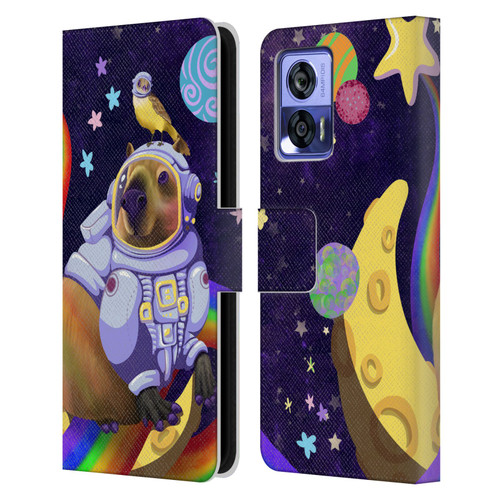 Carla Morrow Rainbow Animals Capybara Sitting On A Moon Leather Book Wallet Case Cover For Motorola Edge 30 Neo 5G