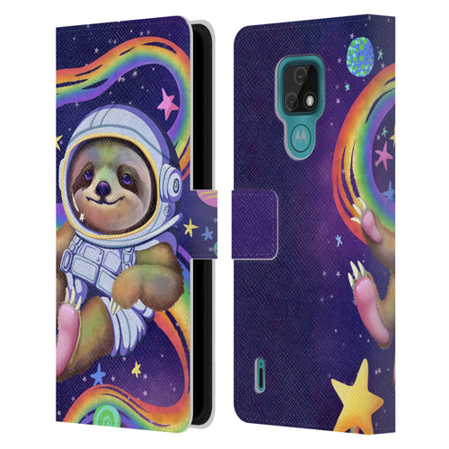 Carla Morrow Rainbow Animals Sloth Wearing A Space Suit Leather Book Wallet Case Cover For Motorola Moto E7