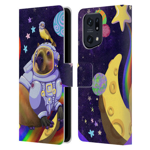 Carla Morrow Rainbow Animals Capybara Sitting On A Moon Leather Book Wallet Case Cover For OPPO Find X5 Pro