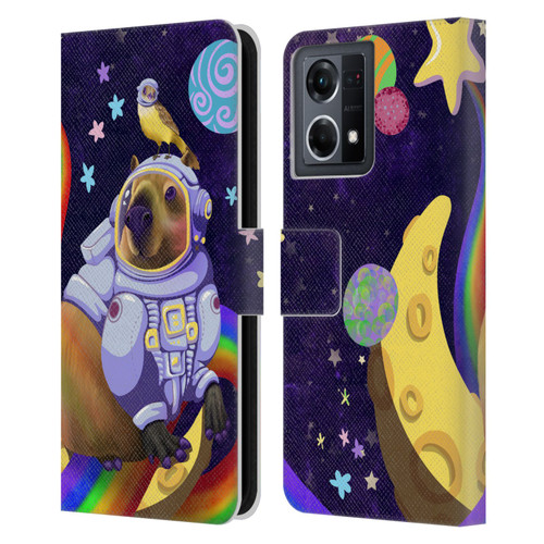 Carla Morrow Rainbow Animals Capybara Sitting On A Moon Leather Book Wallet Case Cover For OPPO Reno8 4G
