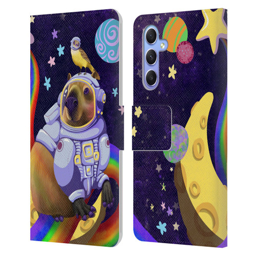 Carla Morrow Rainbow Animals Capybara Sitting On A Moon Leather Book Wallet Case Cover For Samsung Galaxy A34 5G