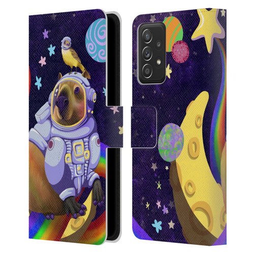 Carla Morrow Rainbow Animals Capybara Sitting On A Moon Leather Book Wallet Case Cover For Samsung Galaxy A52 / A52s / 5G (2021)