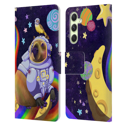 Carla Morrow Rainbow Animals Capybara Sitting On A Moon Leather Book Wallet Case Cover For Samsung Galaxy A54 5G