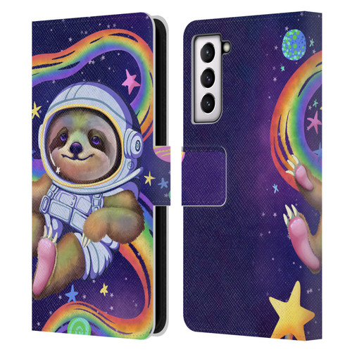 Carla Morrow Rainbow Animals Sloth Wearing A Space Suit Leather Book Wallet Case Cover For Samsung Galaxy S21 5G