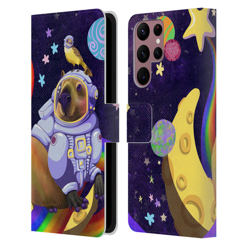 Carla Morrow Rainbow Animals Capybara Sitting On A Moon Leather Book Wallet Case Cover For Samsung Galaxy S22 Ultra 5G