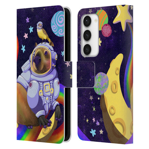 Carla Morrow Rainbow Animals Capybara Sitting On A Moon Leather Book Wallet Case Cover For Samsung Galaxy S23 5G