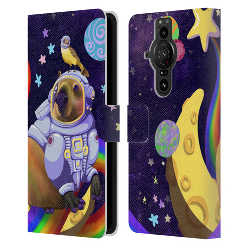 Carla Morrow Rainbow Animals Capybara Sitting On A Moon Leather Book Wallet Case Cover For Sony Xperia Pro-I