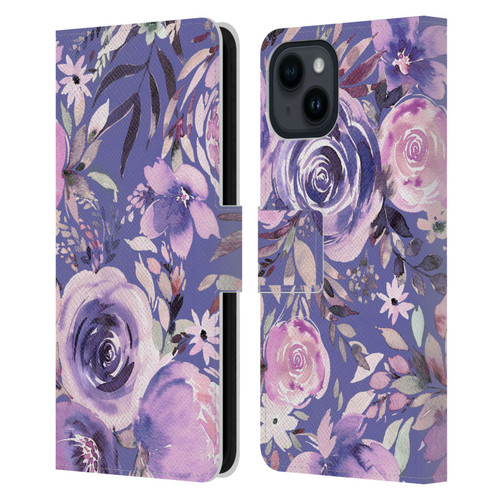 Ninola Lilac Floral Pastel Peony Roses Leather Book Wallet Case Cover For Apple iPhone 15