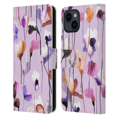 Ninola Lilac Floral Watery Flowers Purple Leather Book Wallet Case Cover For Apple iPhone 15