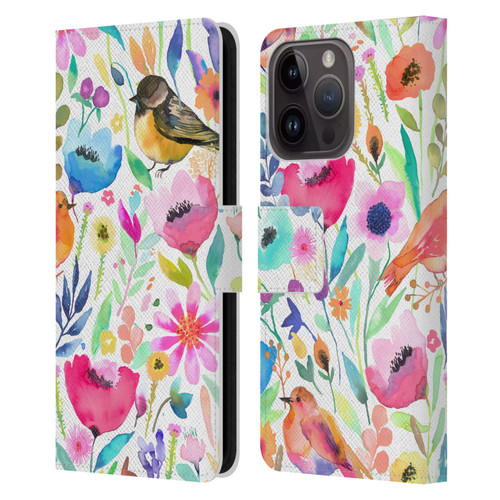 Ninola Summer Patterns Whimsical Birds Leather Book Wallet Case Cover For Apple iPhone 15 Pro