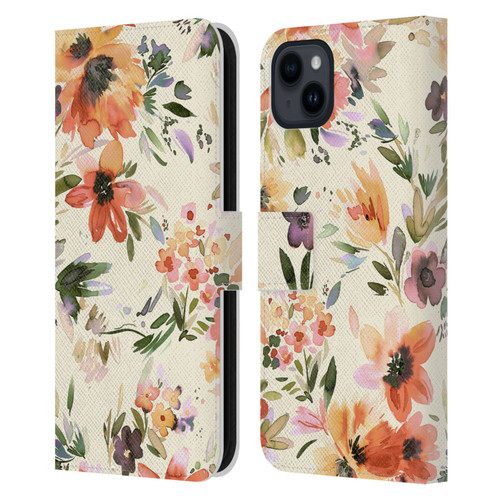 Ninola Spring Floral Painterly Flowers Leather Book Wallet Case Cover For Apple iPhone 15 Plus