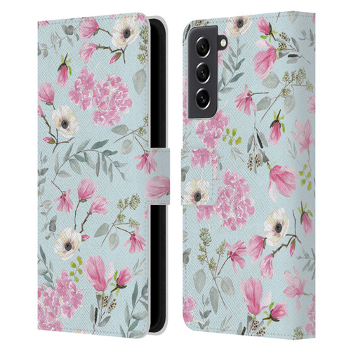 Anis Illustration Flower Pattern 2 Pink Leather Book Wallet Case Cover For Samsung Galaxy S21 FE 5G