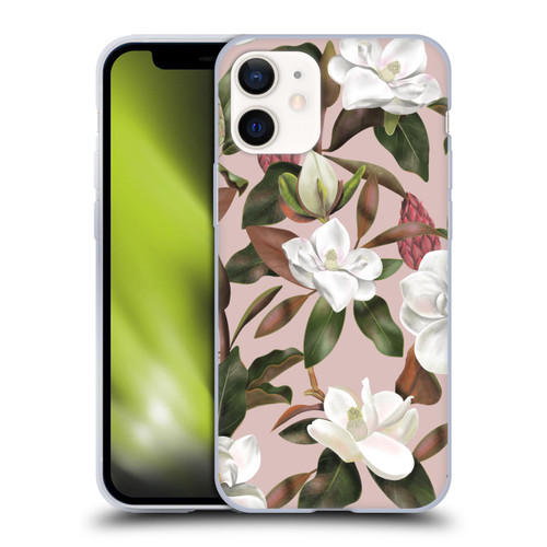 Anis Illustration Magnolias Pattern Light Pink Soft Gel Case for Apple iPhone 12 Mini