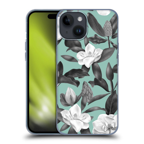 Anis Illustration Magnolias Grey Aqua Soft Gel Case for Apple iPhone 15