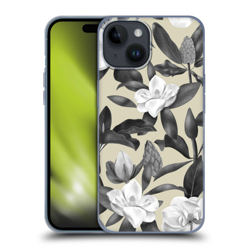 Anis Illustration Magnolias Grey Beige Soft Gel Case for Apple iPhone 15