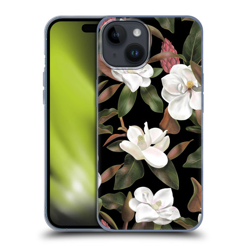 Anis Illustration Magnolias Pattern Black Soft Gel Case for Apple iPhone 15