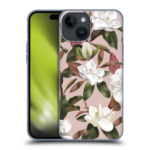 Anis Illustration Magnolias Pattern Light Pink Soft Gel Case for Apple iPhone 15
