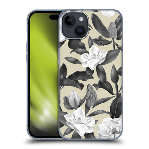 Anis Illustration Magnolias Grey Beige Soft Gel Case for Apple iPhone 15 Plus