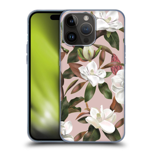 Anis Illustration Magnolias Pattern Light Pink Soft Gel Case for Apple iPhone 15 Pro Max